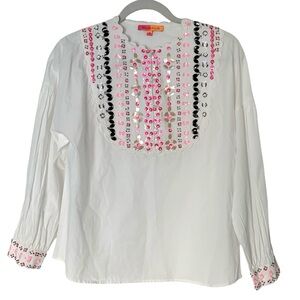Vilagallo White Colorful Bead Embellished Size 38/Small 100% Cotton Blouse